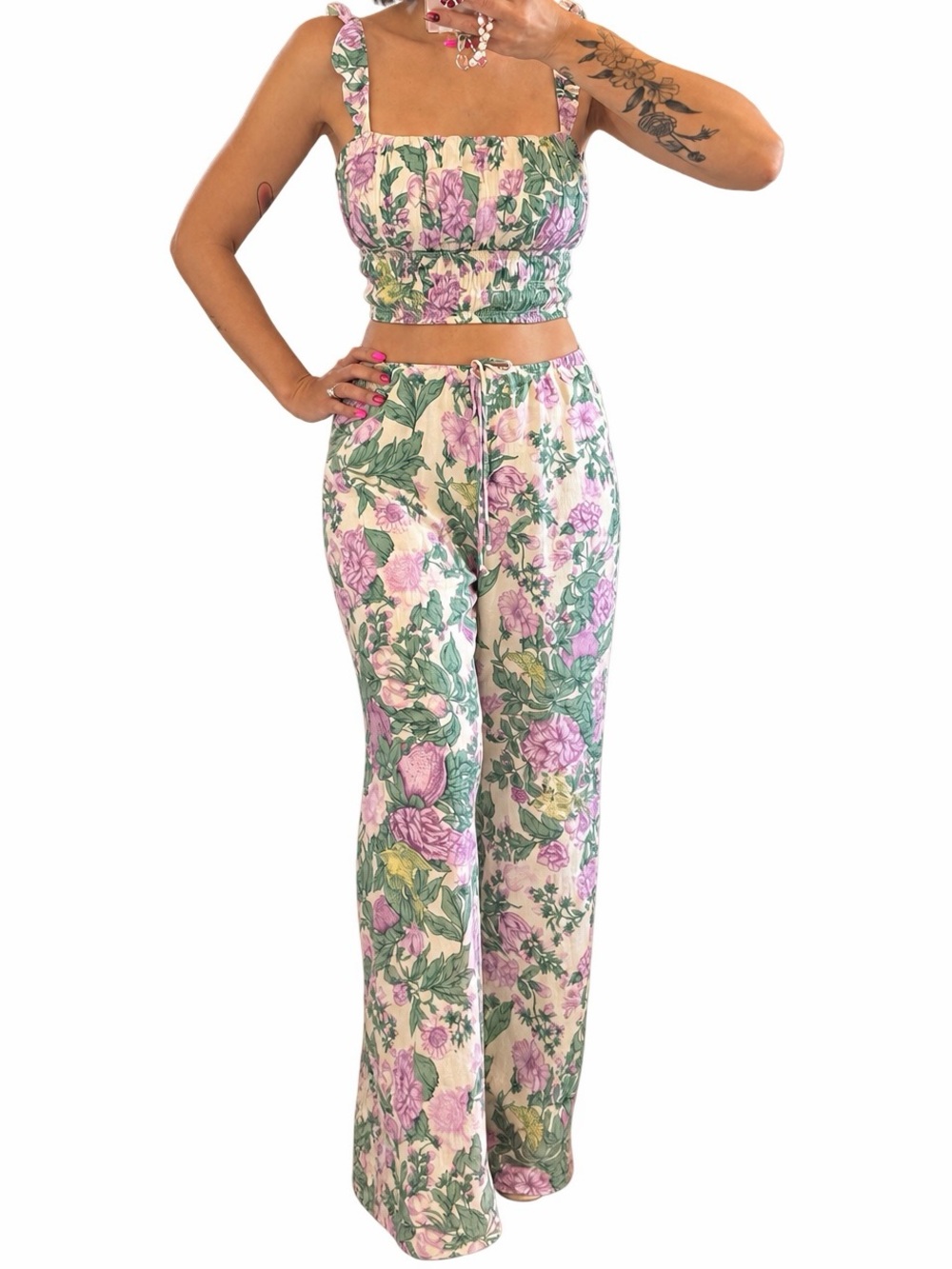 Floral Wide-Leg Drawstring Set Top and Pants - Pink & Green